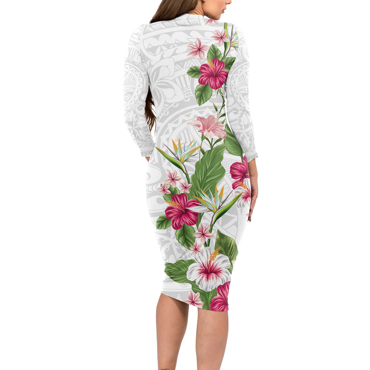 Hawaii Tropical Flowers Long Sleeve Bodycon Dress Polynesian Tattoo White