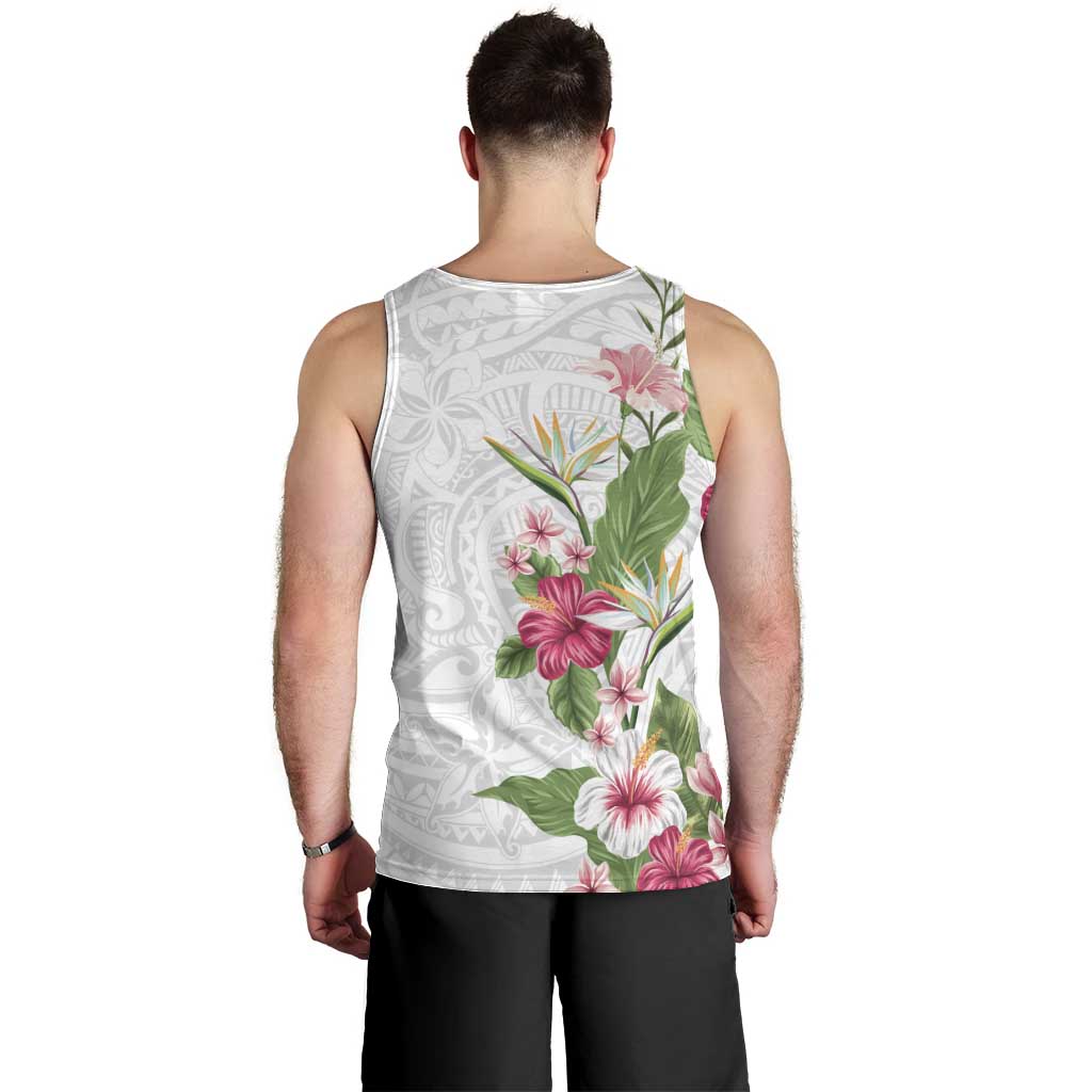 Hawaii Tropical Flowers Men Tank Top Polynesian Tattoo White
