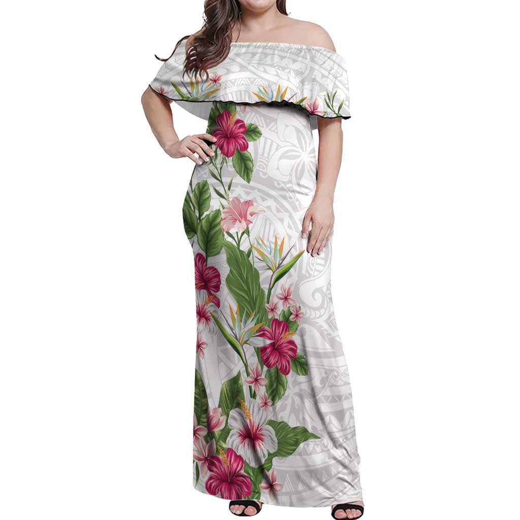 Hawaii Tropical Flowers Off Shoulder Maxi Dress Polynesian Tattoo White