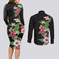 Hawaii Tropical Flowers Couples Matching Long Sleeve Bodycon Dress and Long Sleeve Button Shirt Polynesian Tattoo Black