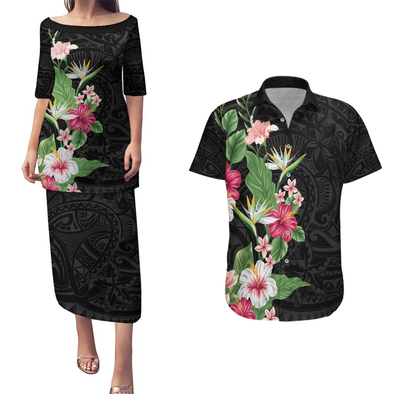 Hawaii Tropical Flowers Couples Matching Puletasi and Hawaiian Shirt Polynesian Tattoo Black