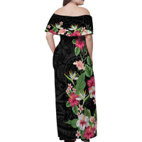Hawaii Tropical Flowers Family Matching Off Shoulder Maxi Dress and Hawaiian Shirt Polynesian Tattoo Black