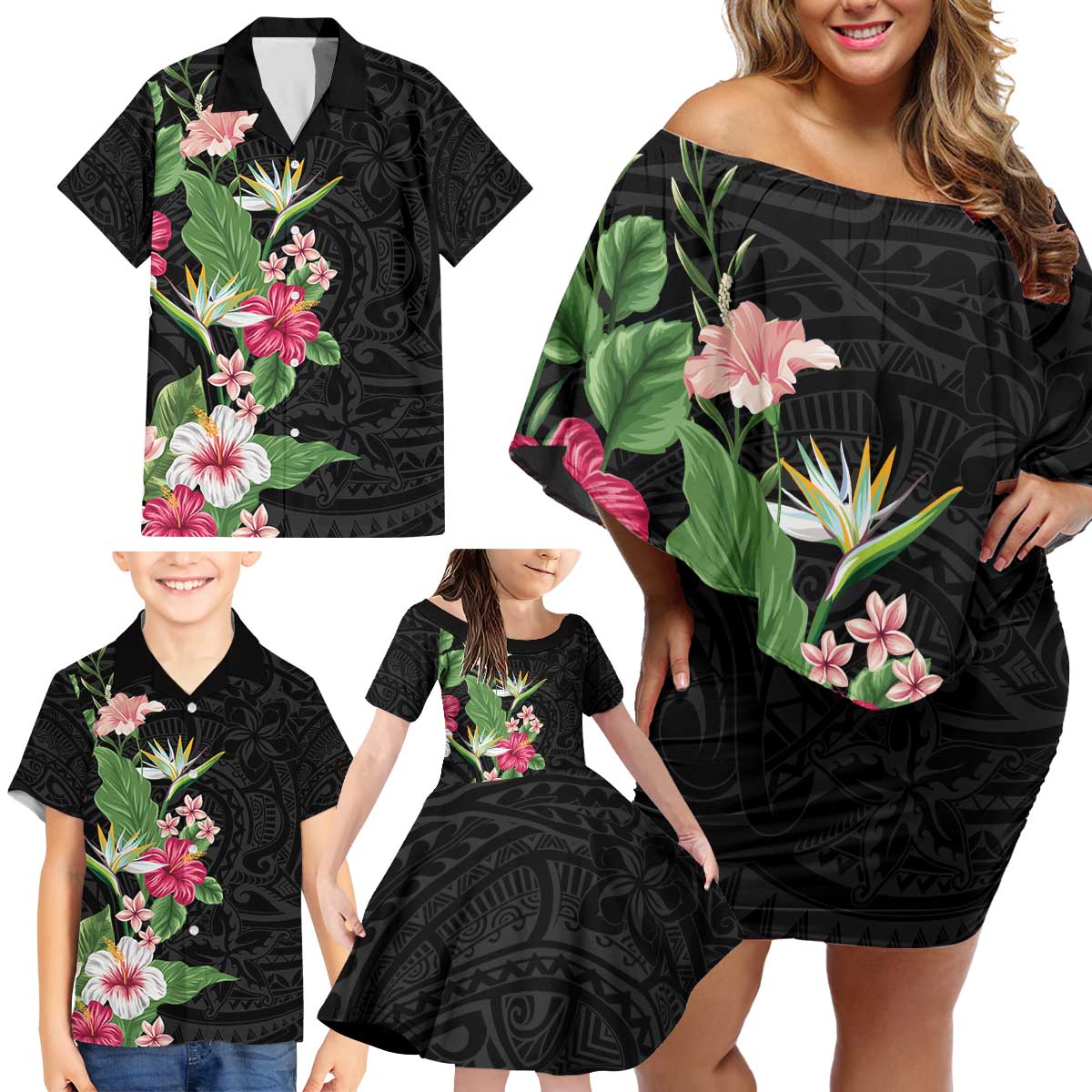 Hawaii Tropical Flowers Family Matching Off Shoulder Short Dress and Hawaiian Shirt Polynesian Tattoo Black