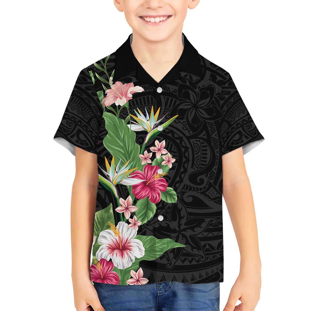 Hawaii Tropical Flowers Family Matching Off Shoulder Short Dress and Hawaiian Shirt Polynesian Tattoo Black