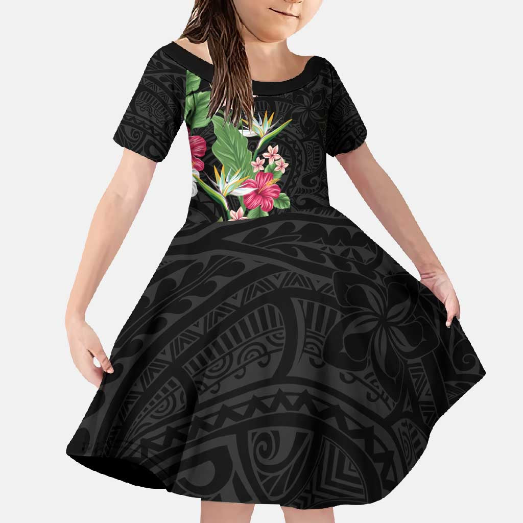Hawaii Tropical Flowers Family Matching Tank Maxi Dress and Hawaiian Shirt Polynesian Tattoo Black