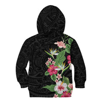 Hawaii Tropical Flowers Kid Hoodie Polynesian Tattoo Black LT05 - Polynesian Pride