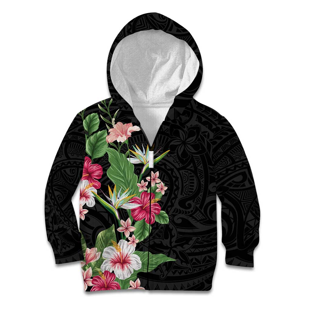 Hawaii Tropical Flowers Kid Hoodie Polynesian Tattoo Black LT05 Zip Hoodie Black - Polynesian Pride