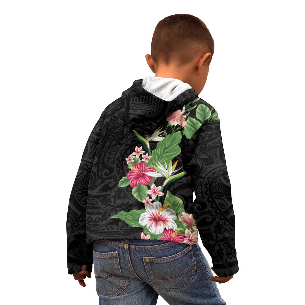 Hawaii Tropical Flowers Kid Hoodie Polynesian Tattoo Black LT05 - Polynesian Pride