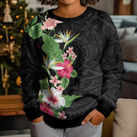 Hawaii Tropical Flowers Kid Ugly Christmas Sweater Polynesian Tattoo Black