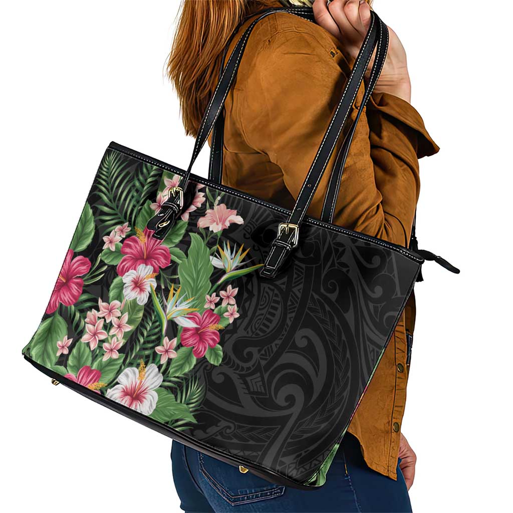 Hawaii Tropical Flowers Leather Tote Bag Polynesian Tattoo Black