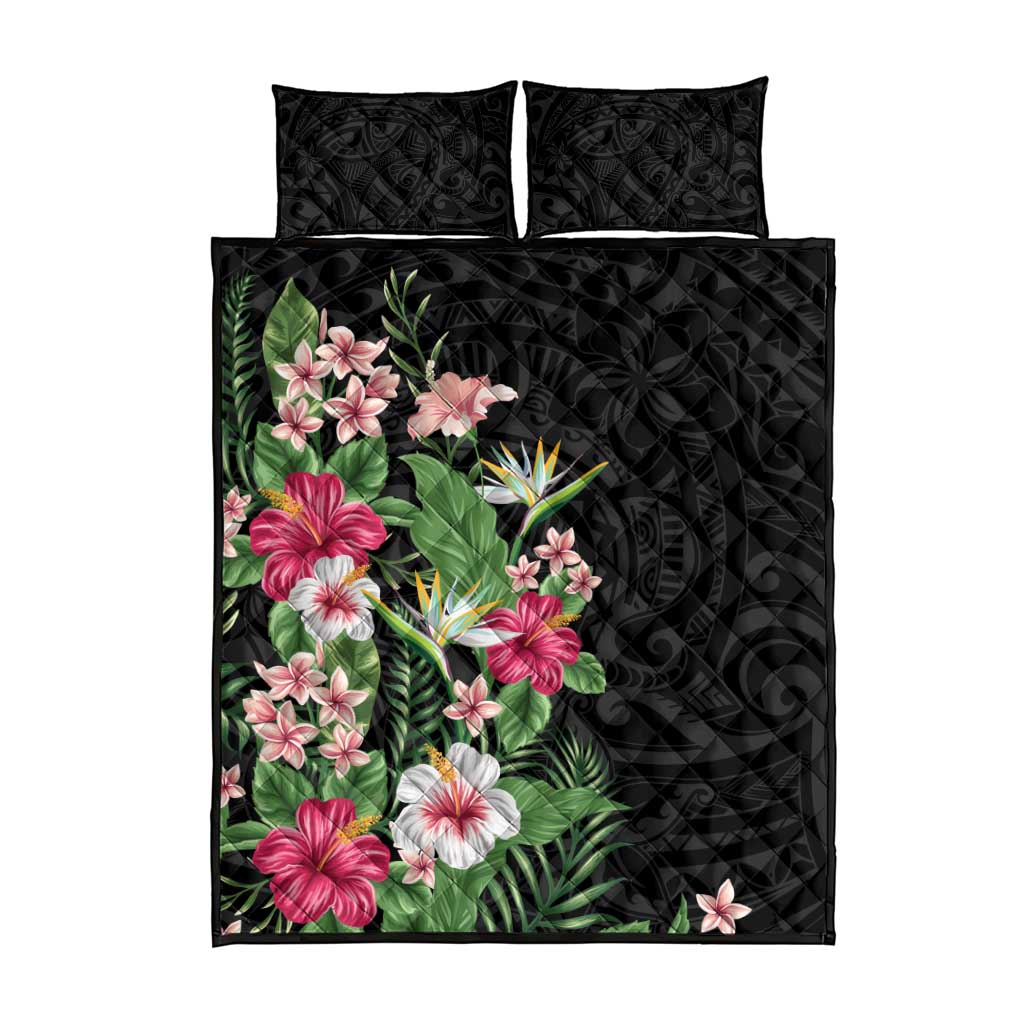 Hawaii Tropical Flowers Quilt Bed Set Polynesian Tattoo Black