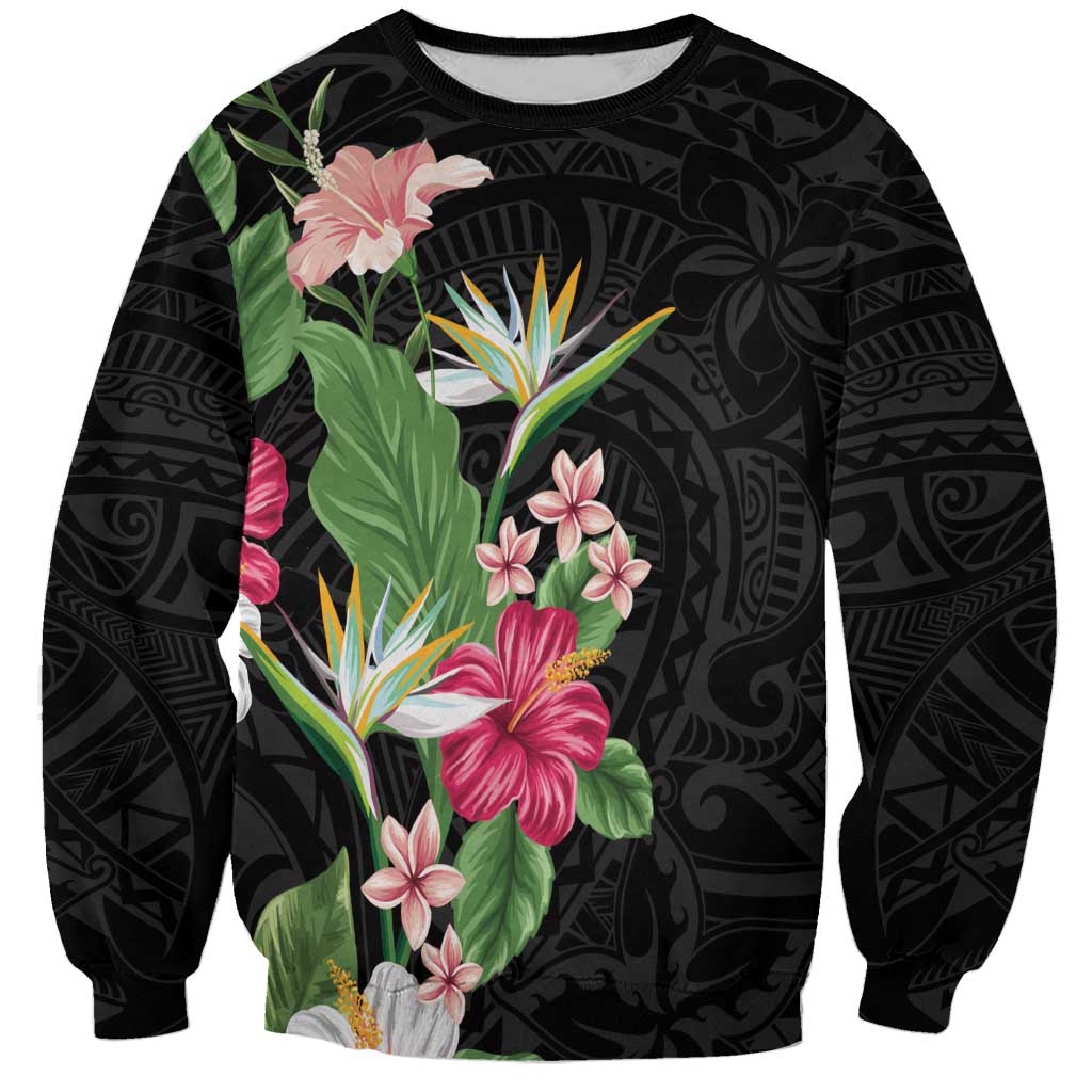 Hawaii Tropical Flowers Sweatshirt Polynesian Tattoo Black LT05 Unisex Black - Polynesian Pride