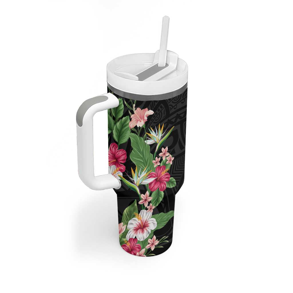 Hawaii Tropical Flowers Tumbler With Handle Polynesian Tattoo Black
