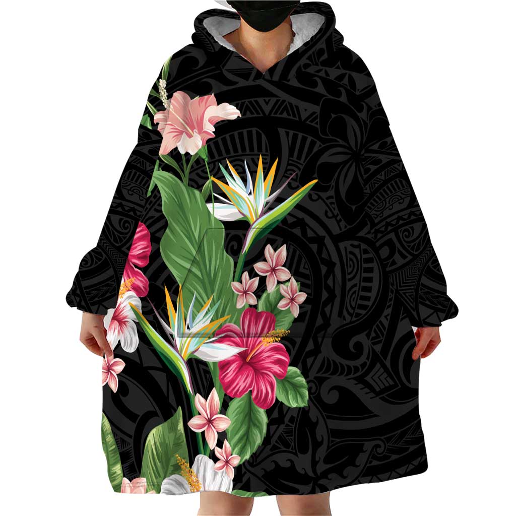 Hawaii Tropical Flowers Wearable Blanket Hoodie Polynesian Tattoo Black