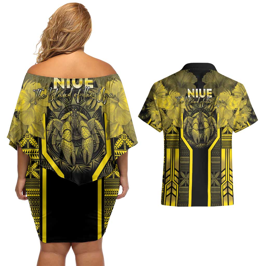 Niue The Rock Couples Matching Off Shoulder Short Dress and Hawaiian Shirt The Island Of The Uga - Polynesian Pride