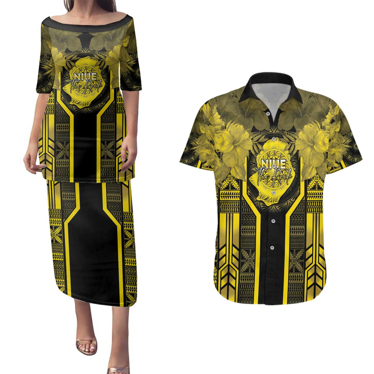 Niue The Rock Couples Matching Puletasi and Hawaiian Shirt The Island Of The Uga - Polynesian Pride