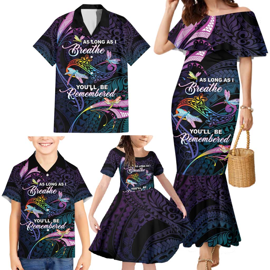 Personalised Polynesia Memorial Family Matching Mermaid Dress and Hawaiian Shirt Always Remembered Dragonfly Polynesian Style
