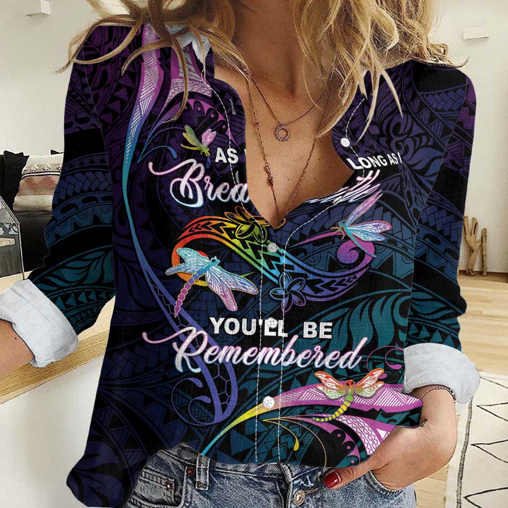 Personalised Polynesia Memorial Women Casual Shirt Always Remembered Dragonfly Polynesian Style