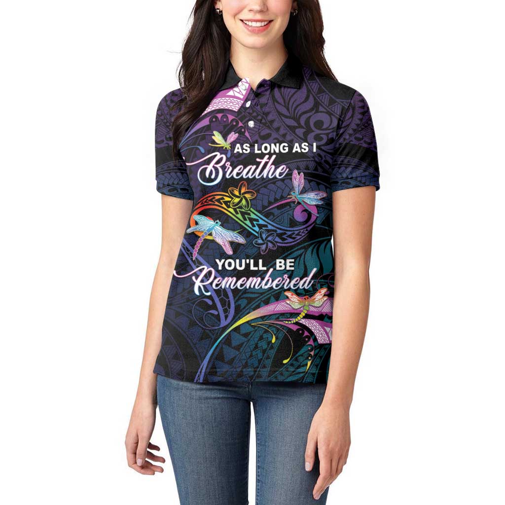 Personalised Polynesia Memorial Women Polo Shirt Always Remembered Dragonfly Polynesian Style