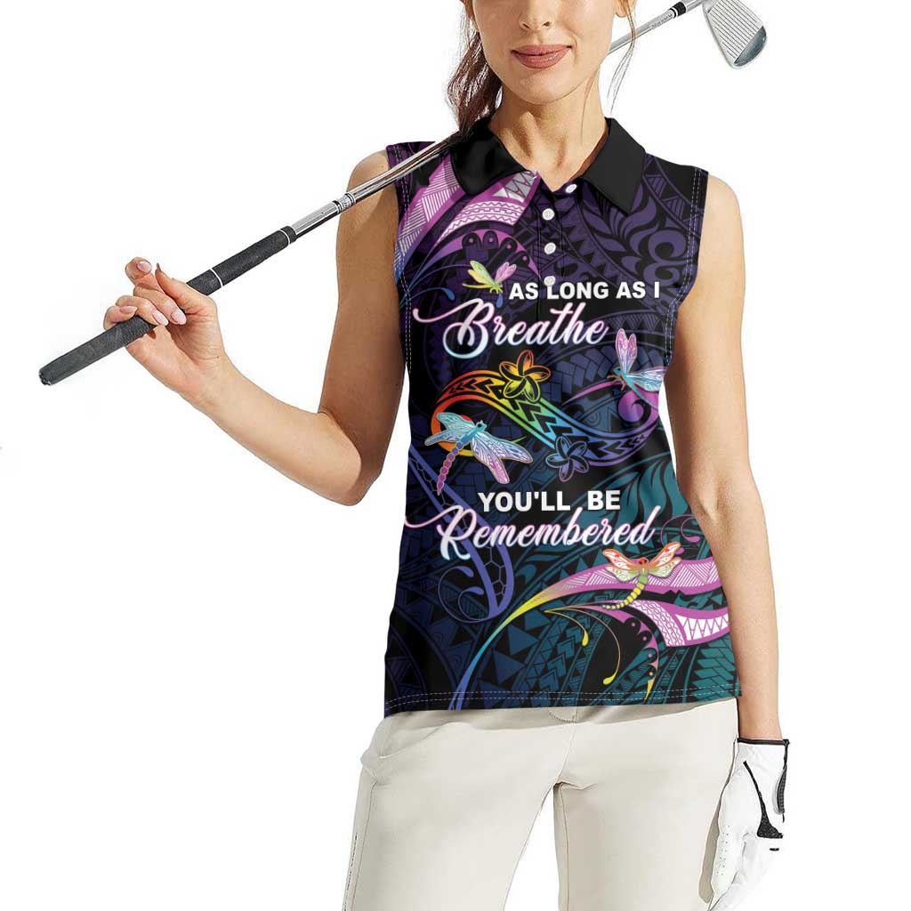Personalised Polynesia Memorial Women Sleeveless Polo Shirt Always Remembered Dragonfly Polynesian Style