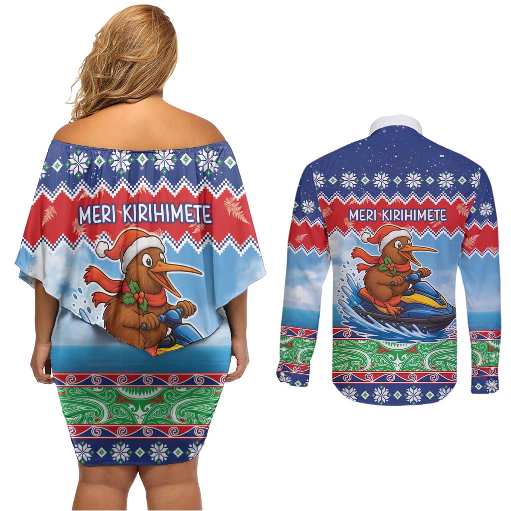 New Zealand Christmas Couples Matching Off Shoulder Short Dress and Long Sleeve Button Shirt Funny Jet Ride Kiwi Xmas - Polynesian Pride