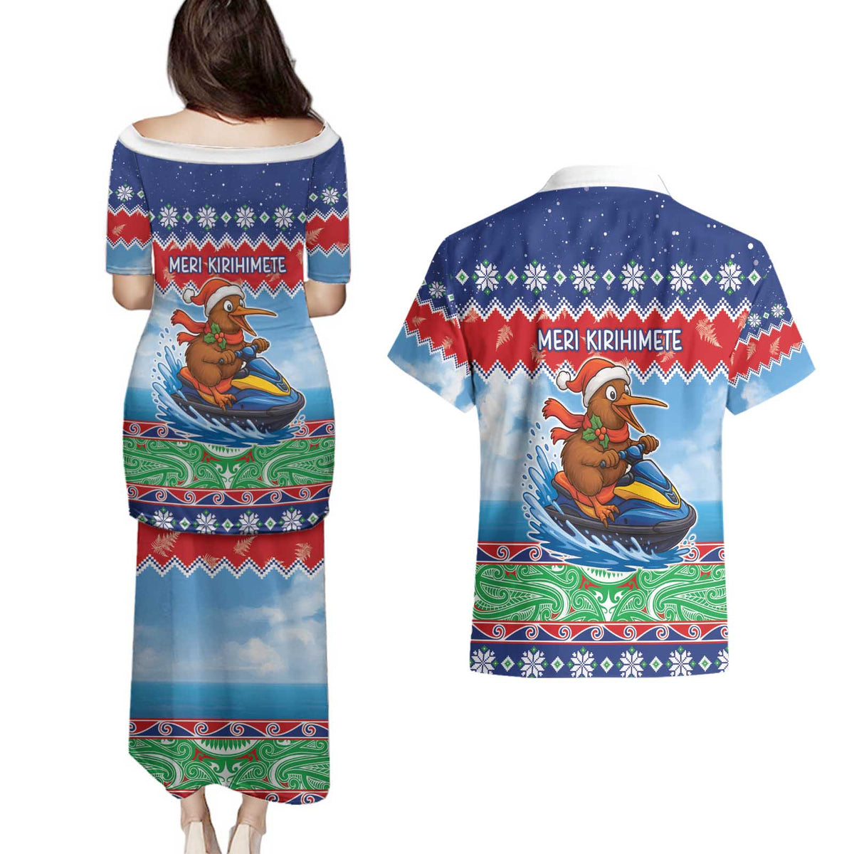 New Zealand Christmas Couples Matching Puletasi and Hawaiian Shirt Funny Jet Ride Kiwi Xmas - Polynesian Pride