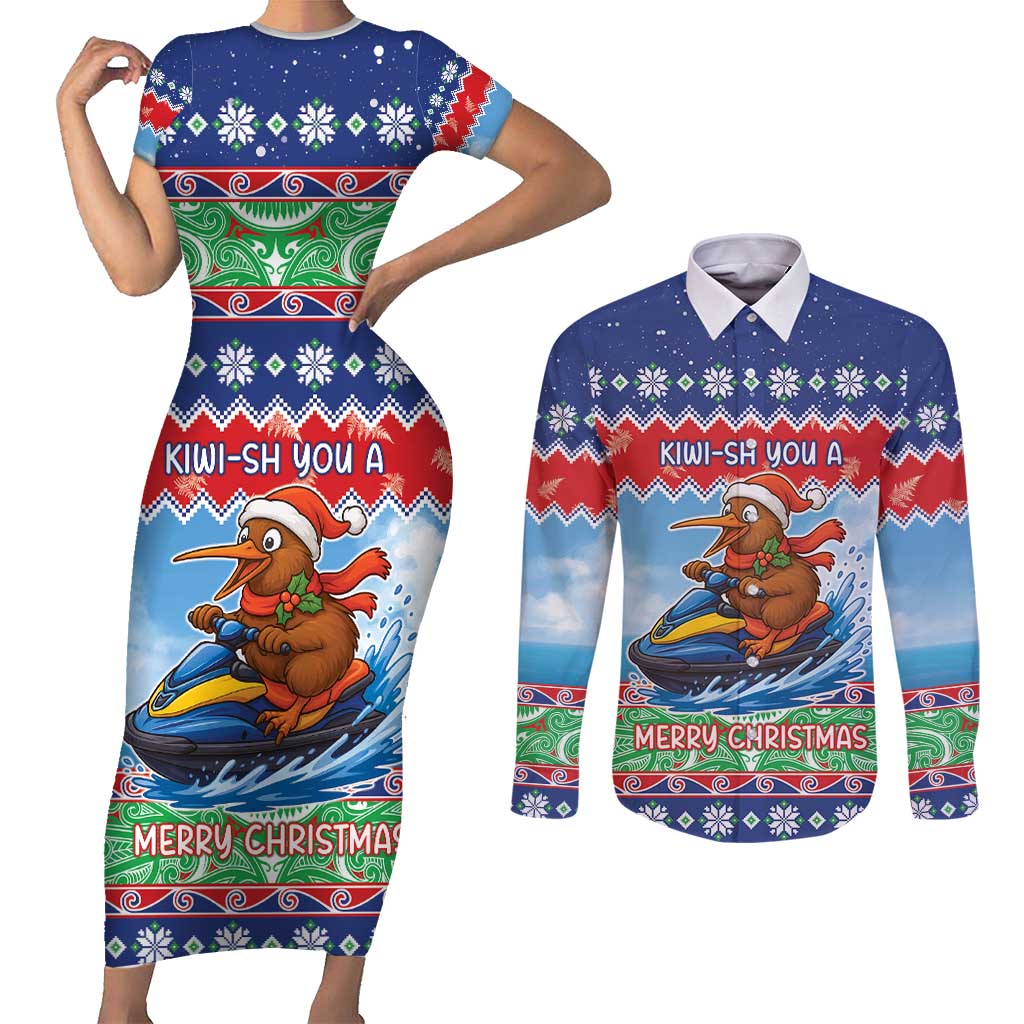 New Zealand Christmas Couples Matching Short Sleeve Bodycon Dress and Long Sleeve Button Shirt Funny Jet Ride Kiwi Xmas - Polynesian Pride