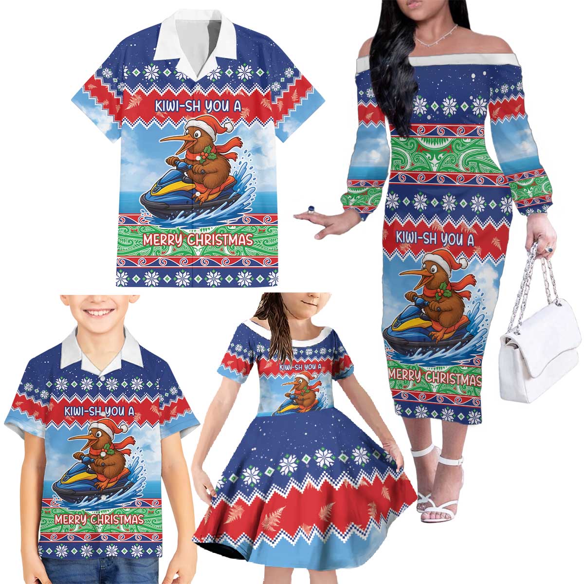 New Zealand Christmas Family Matching Off The Shoulder Long Sleeve Dress and Hawaiian Shirt Funny Jet Ride Kiwi Xmas - Polynesian Pride