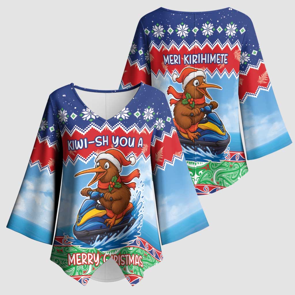 New Zealand Christmas Kimono Sleeve Blouse Funny Jet Ride Kiwi Xmas - Polynesian Pride