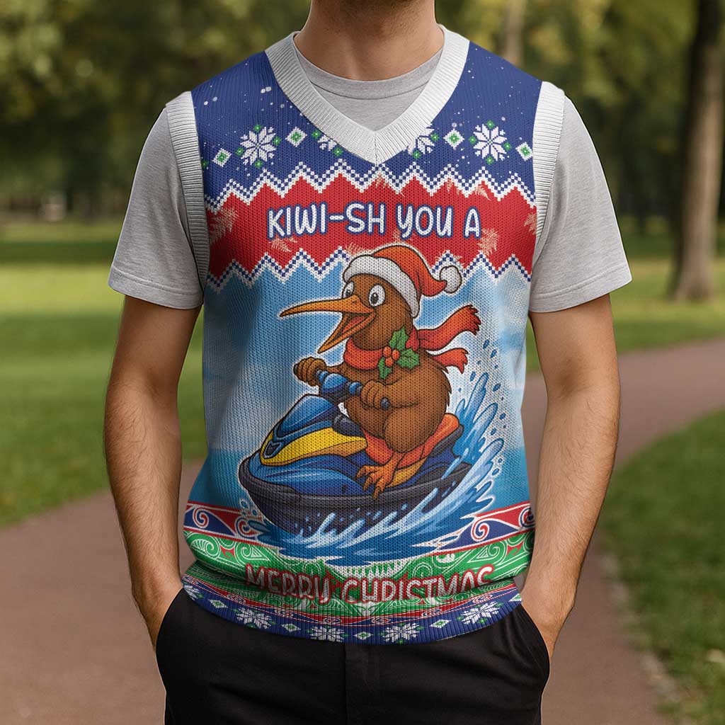 New Zealand Christmas Knitted V-Neck Vest Funny Jet Ride Kiwi Xmas - Polynesian Pride