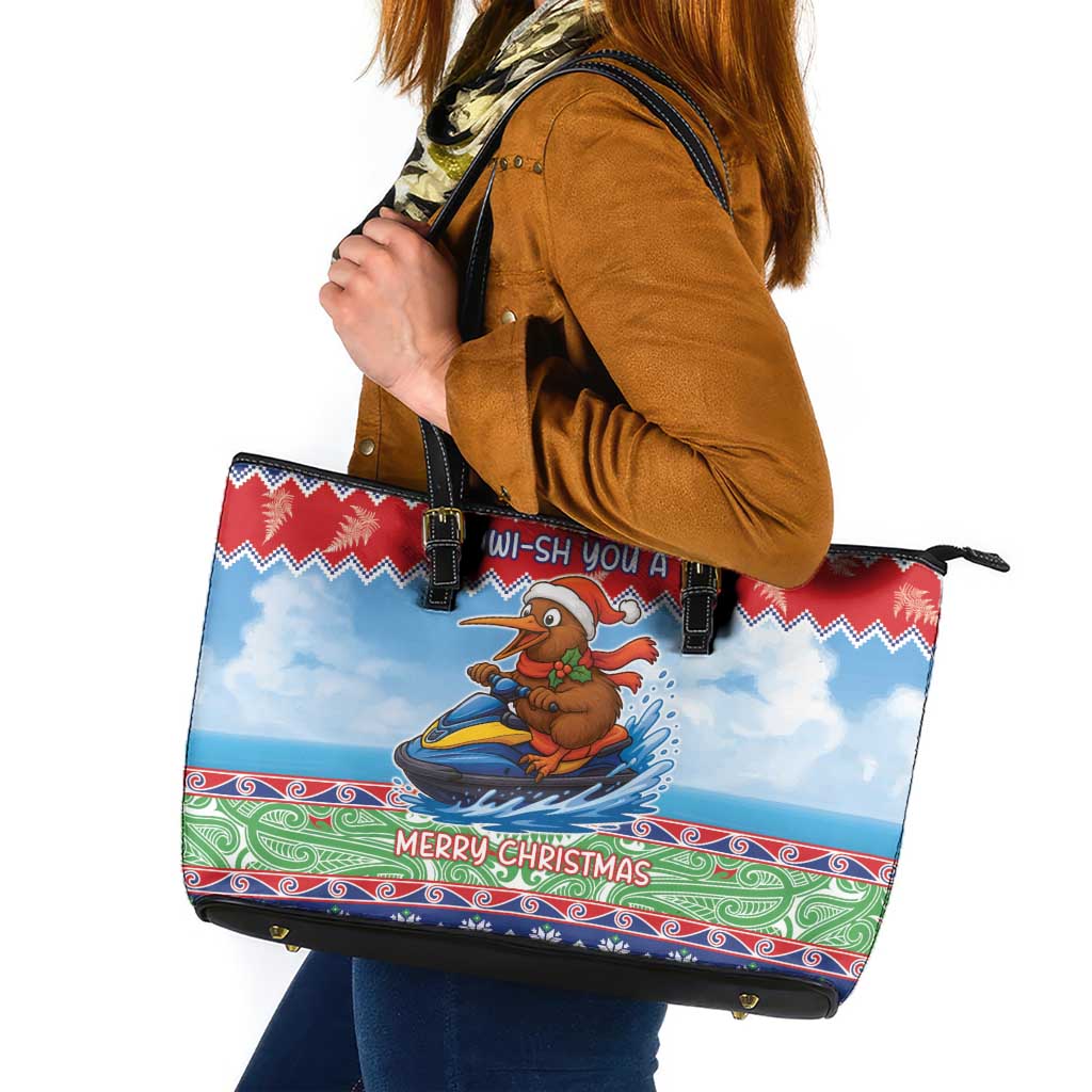 New Zealand Christmas Leather Tote Bag Funny Jet Ride Kiwi Xmas - Polynesian Pride