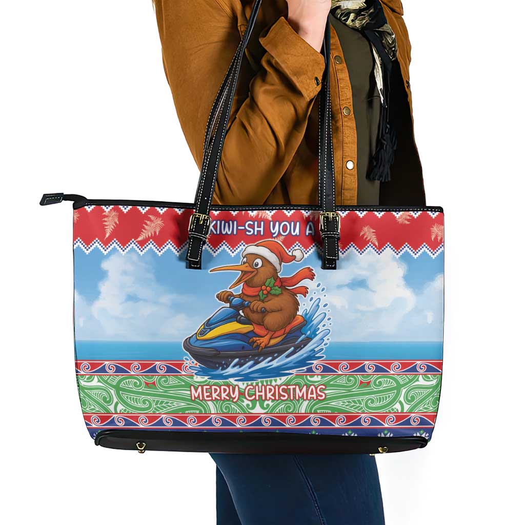 New Zealand Christmas Leather Tote Bag Funny Jet Ride Kiwi Xmas - Polynesian Pride