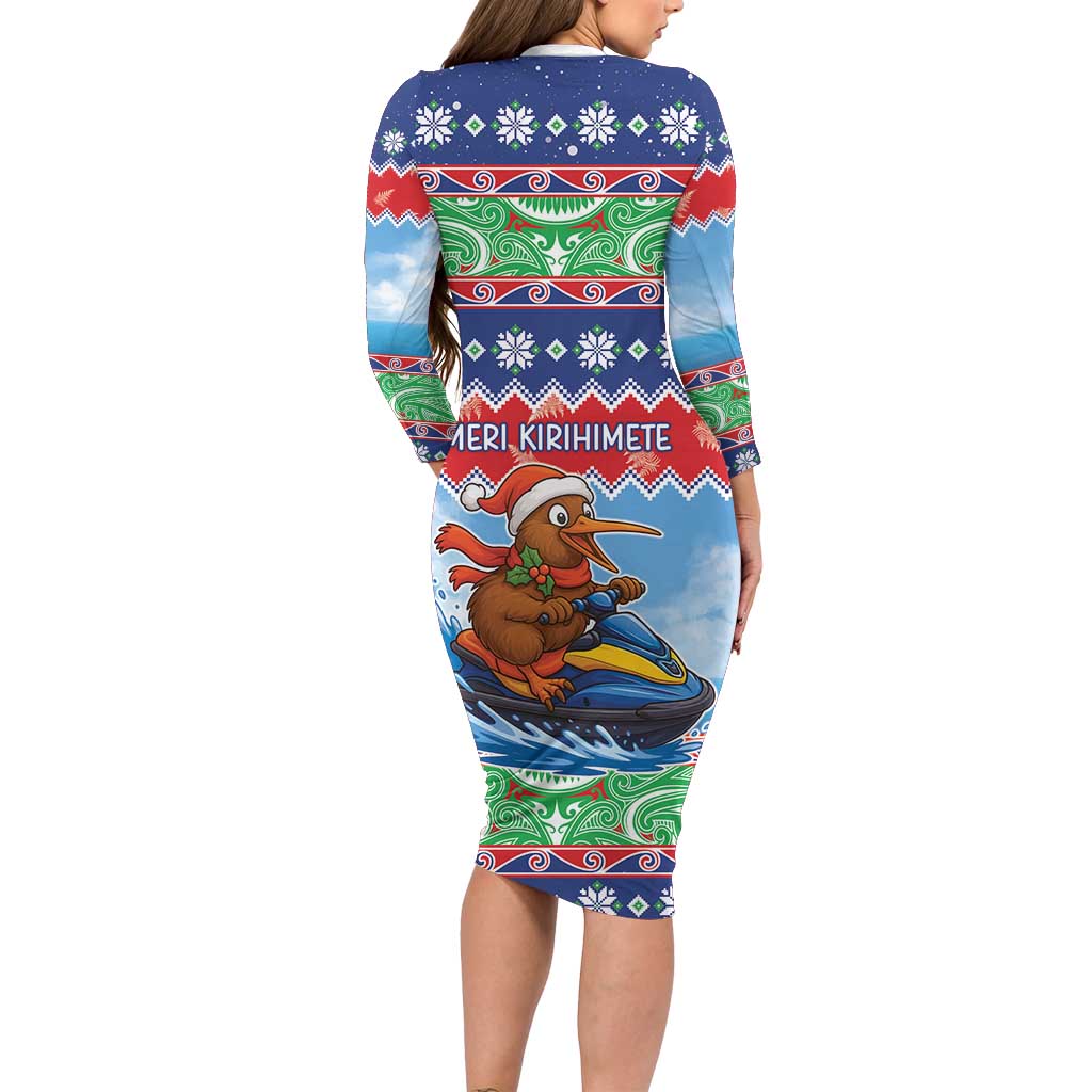 New Zealand Christmas Long Sleeve Bodycon Dress Funny Jet Ride Kiwi Xmas - Polynesian Pride