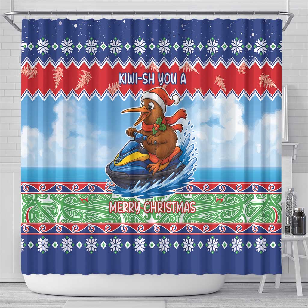 New Zealand Christmas Shower Curtain Funny Jet Ride Kiwi Xmas - Polynesian Pride