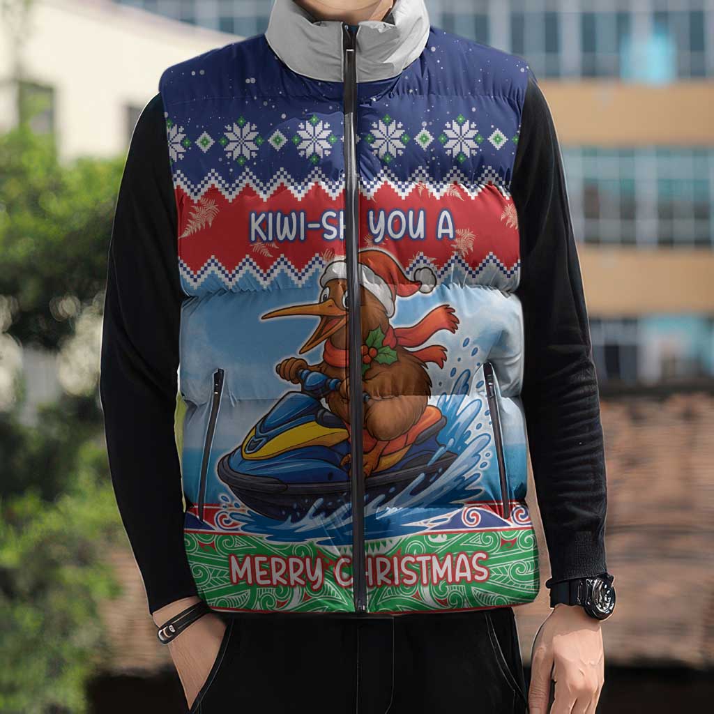 New Zealand Christmas Sleeveless Puffer Jacket Funny Jet Ride Kiwi Xmas - Polynesian Pride
