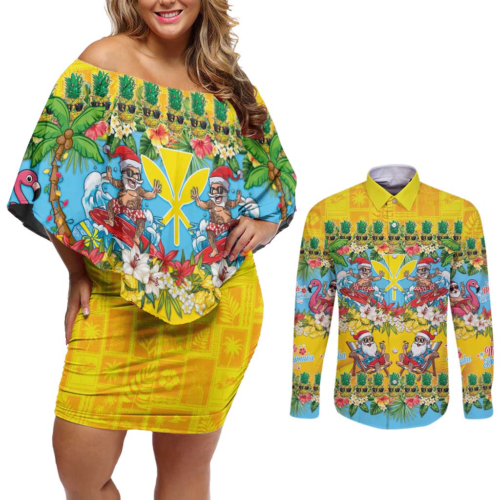 Hawaii Christmas Couples Matching Off Shoulder Short Dress and Long Sleeve Button Shirt Mele Kalikimaka Tropical Vibes - Polynesian Pride