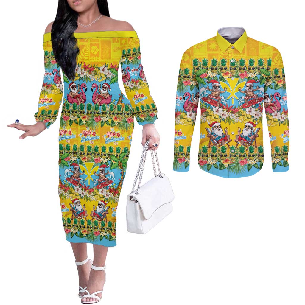 Hawaii Christmas Couples Matching Off The Shoulder Long Sleeve Dress and Long Sleeve Button Shirt Mele Kalikimaka Tropical Vibes - Polynesian Pride
