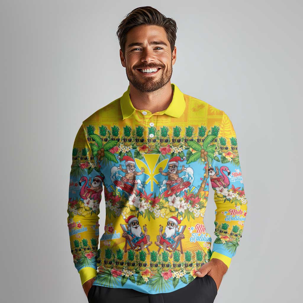 Hawaii Christmas Long Sleeve Polo Shirt Mele Kalikimaka Tropical Vibes - Polynesian Pride
