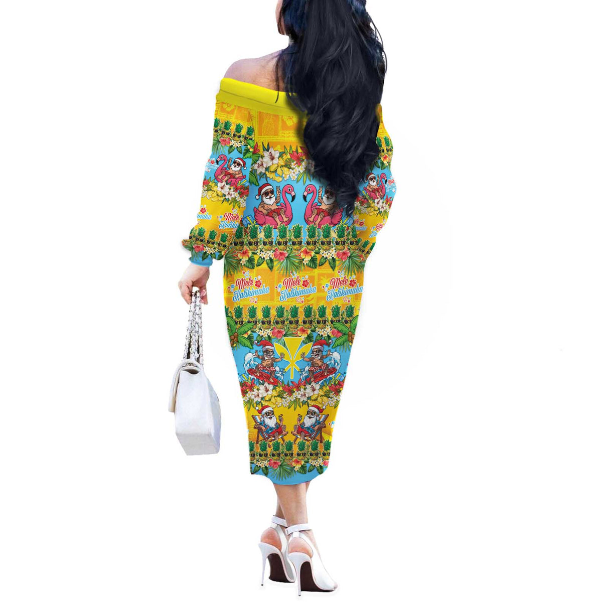 Hawaii Christmas Off The Shoulder Long Sleeve Dress Mele Kalikimaka Tropical Vibes - Polynesian Pride