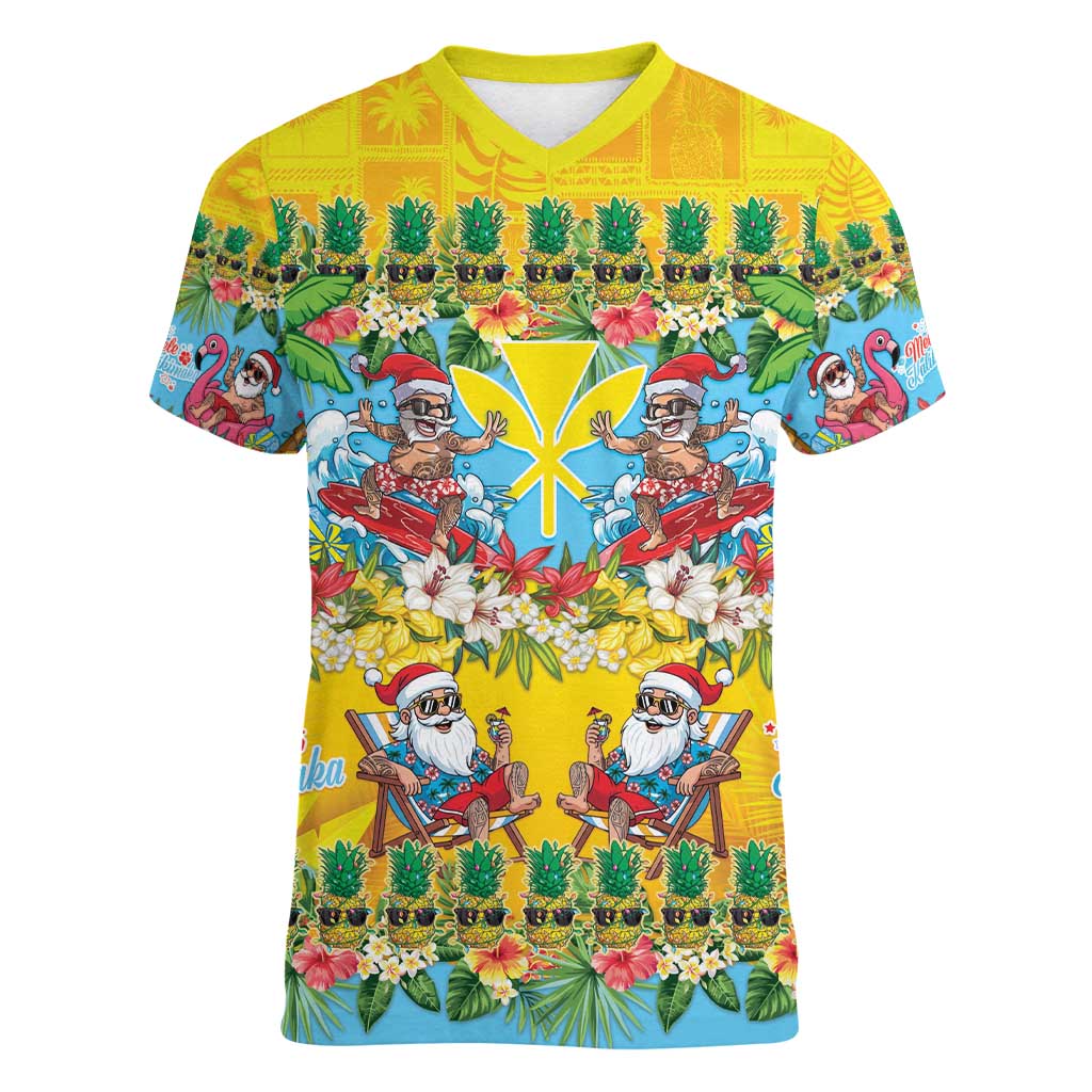 Hawaii Christmas Women V-Neck T-Shirt Mele Kalikimaka Tropical Vibes - Polynesian Pride