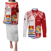 Personalised Tonga And Kiribati Couples Matching Puletasi Dress and Long Sleeve Button Shirt Coat Of Arms Polynesian Pattern LT05 Red - Polynesian Pride