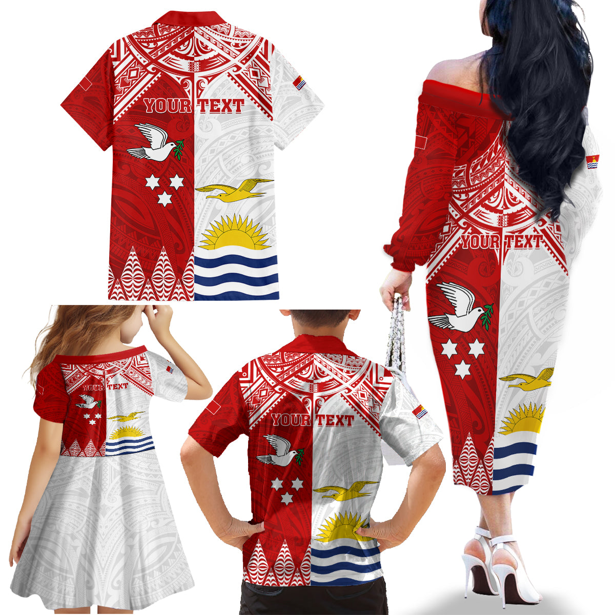 Personalised Tonga And Kiribati Family Matching Off Shoulder Long Sleeve Dress and Hawaiian Shirt Coat Of Arms Polynesian Pattern LT05 - Polynesian Pride
