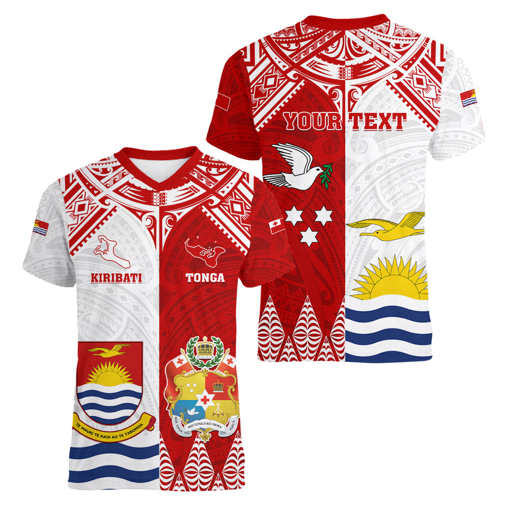 Personalised Tonga And Kiribati Women V Neck T Shirt Coat Of Arms Polynesian Pattern LT05 - Polynesian Pride