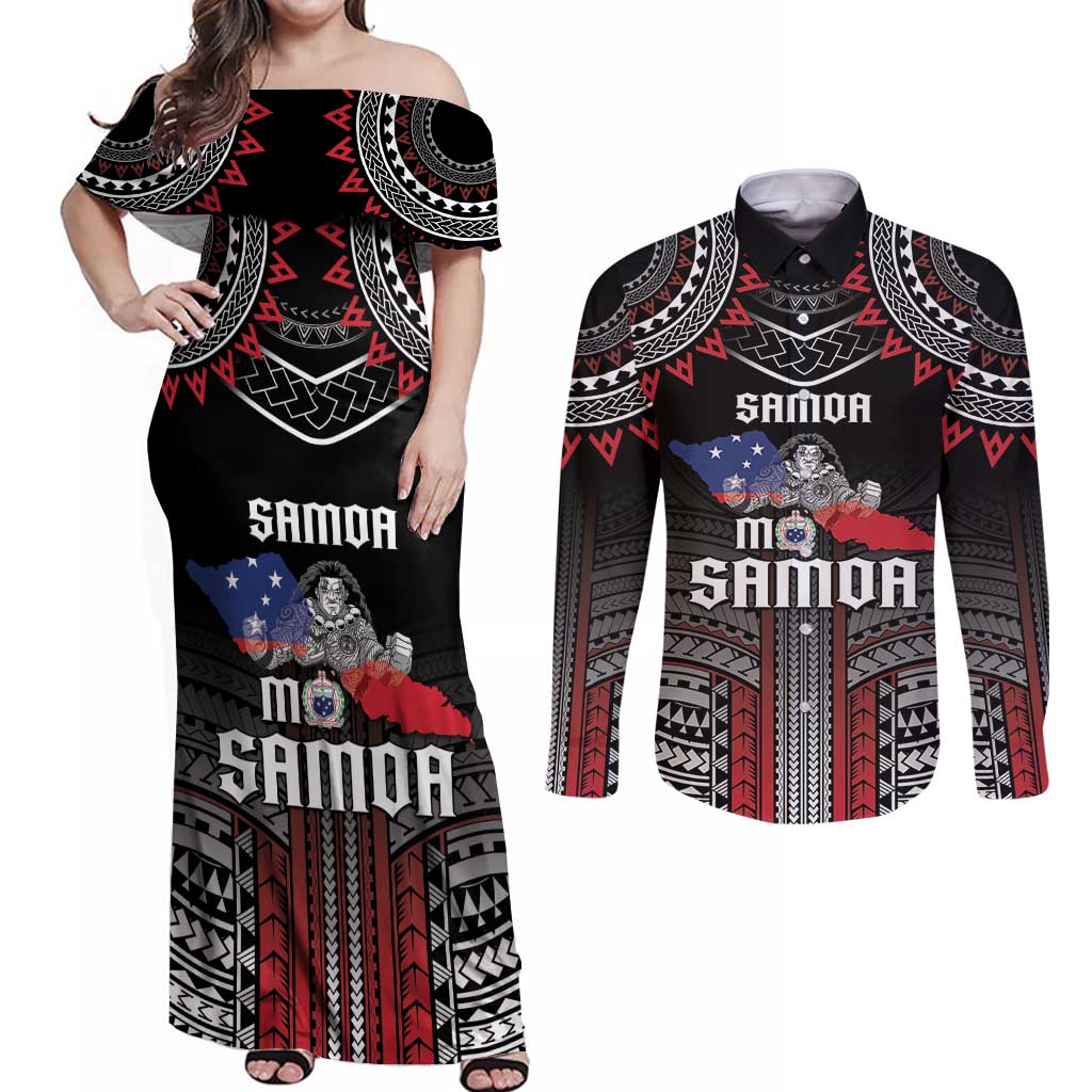 Personalised Samoa Black Saturday Couples Matching Off Shoulder Maxi Dress and Long Sleeve Button Shirt Samoan Warrior Tribal Pattern