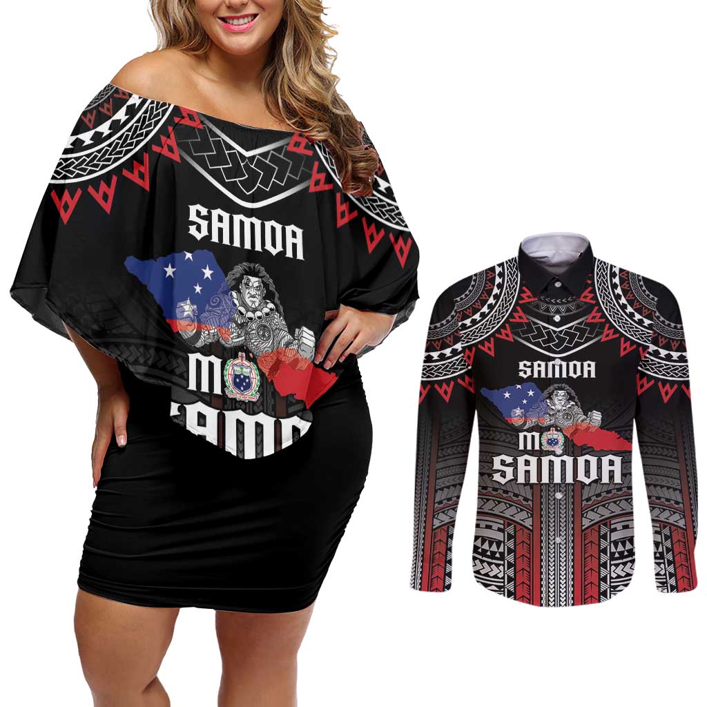 Personalised Samoa Black Saturday Couples Matching Off Shoulder Short Dress and Long Sleeve Button Shirt Samoan Warrior Tribal Pattern