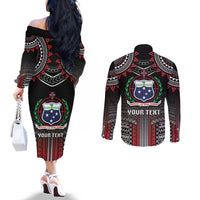 Personalised Samoa Black Saturday Couples Matching Off The Shoulder Long Sleeve Dress and Long Sleeve Button Shirt Samoan Warrior Tribal Pattern