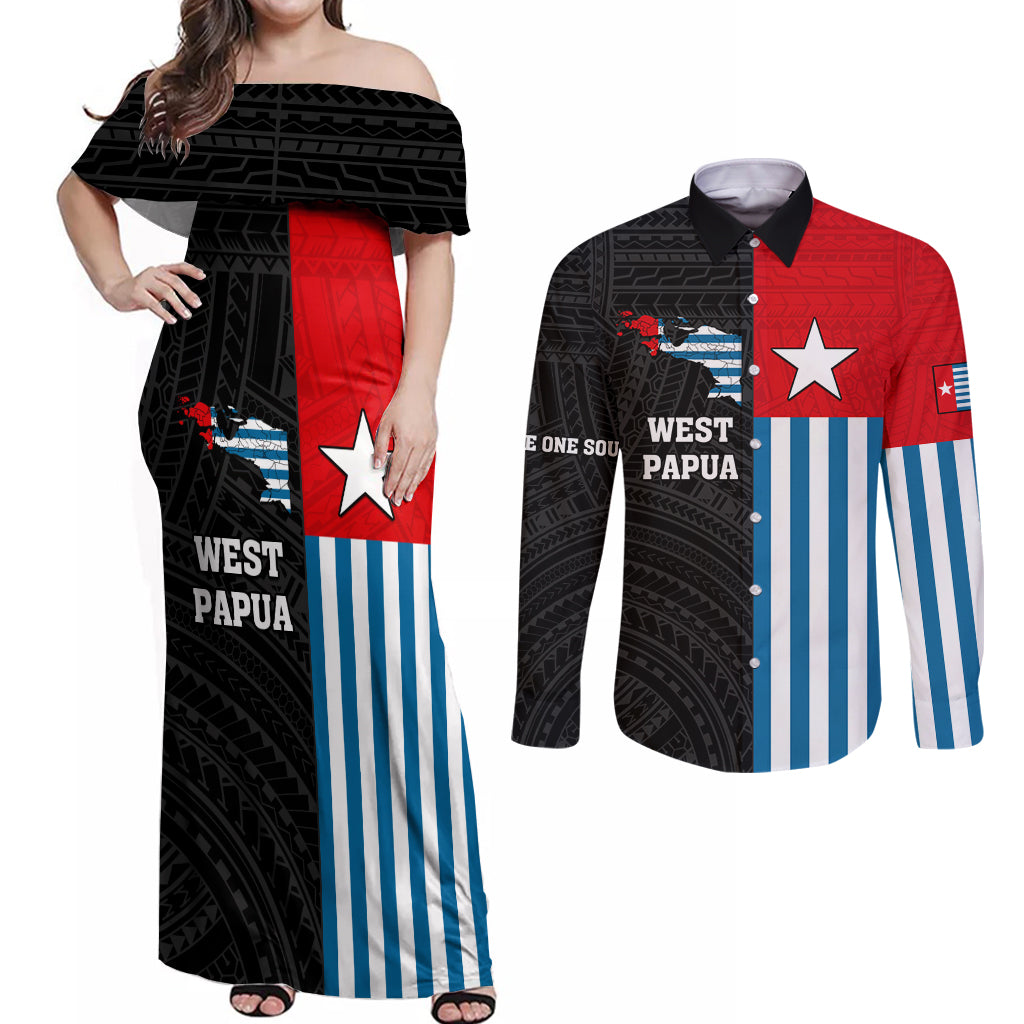 Personalised West Papua Couples Matching Off Shoulder Maxi Dress and Long Sleeve Button Shirt Polynesian Pattern With Coat Of Arms LT05 Blue - Polynesian Pride