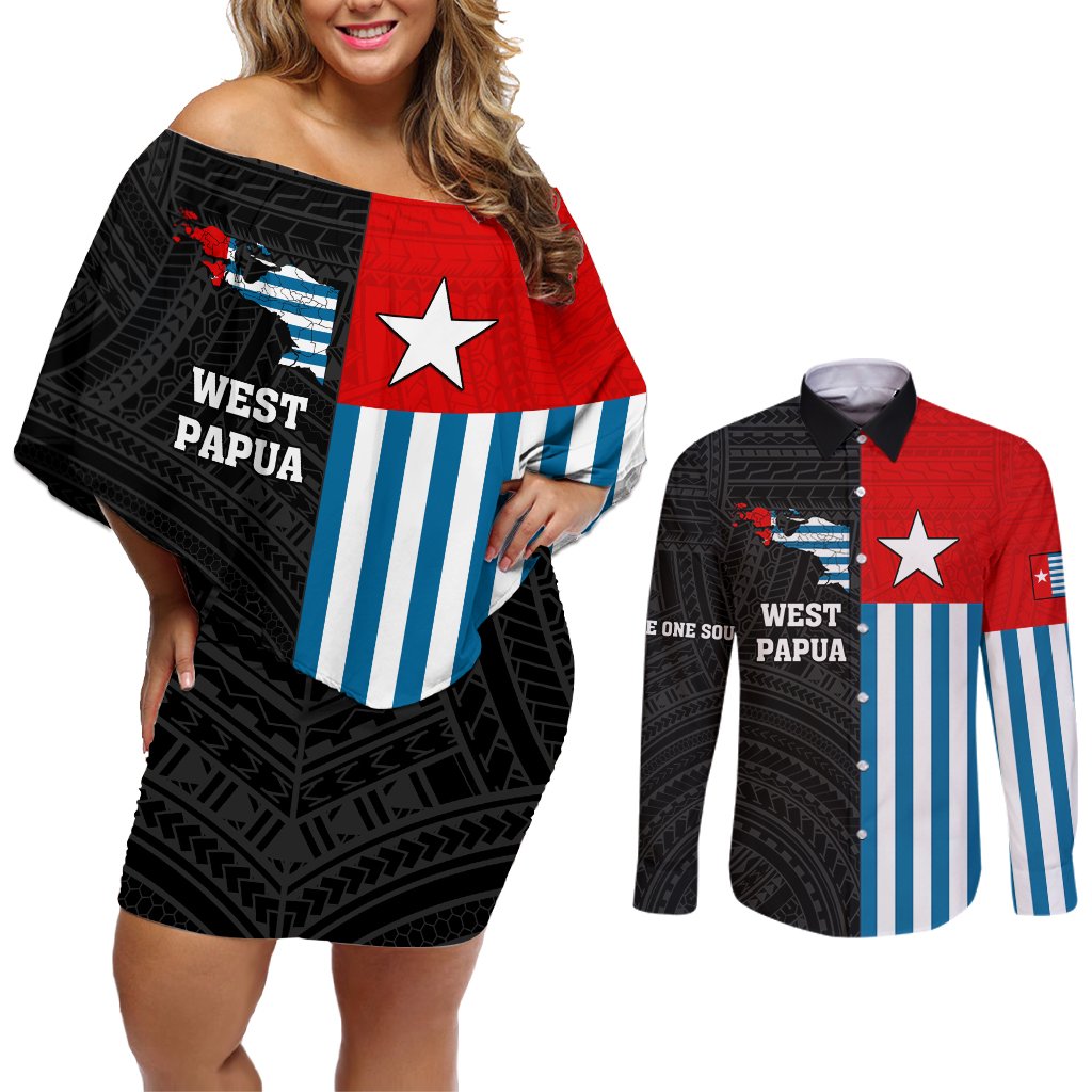 Personalised West Papua Couples Matching Off Shoulder Short Dress and Long Sleeve Button Shirt Polynesian Pattern With Coat Of Arms LT05 Blue - Polynesian Pride