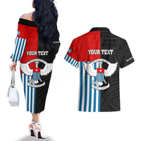 Personalised West Papua Couples Matching Off The Shoulder Long Sleeve Dress and Hawaiian Shirt Polynesian Pattern With Coat Of Arms LT05 - Polynesian Pride