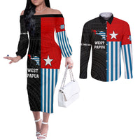 Personalised West Papua Couples Matching Off The Shoulder Long Sleeve Dress and Long Sleeve Button Shirt Polynesian Pattern With Coat Of Arms LT05 Blue - Polynesian Pride